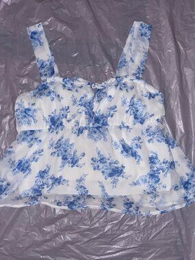 SugarKiss Blue Floral Babydoll / Peplum Summer Top, XL